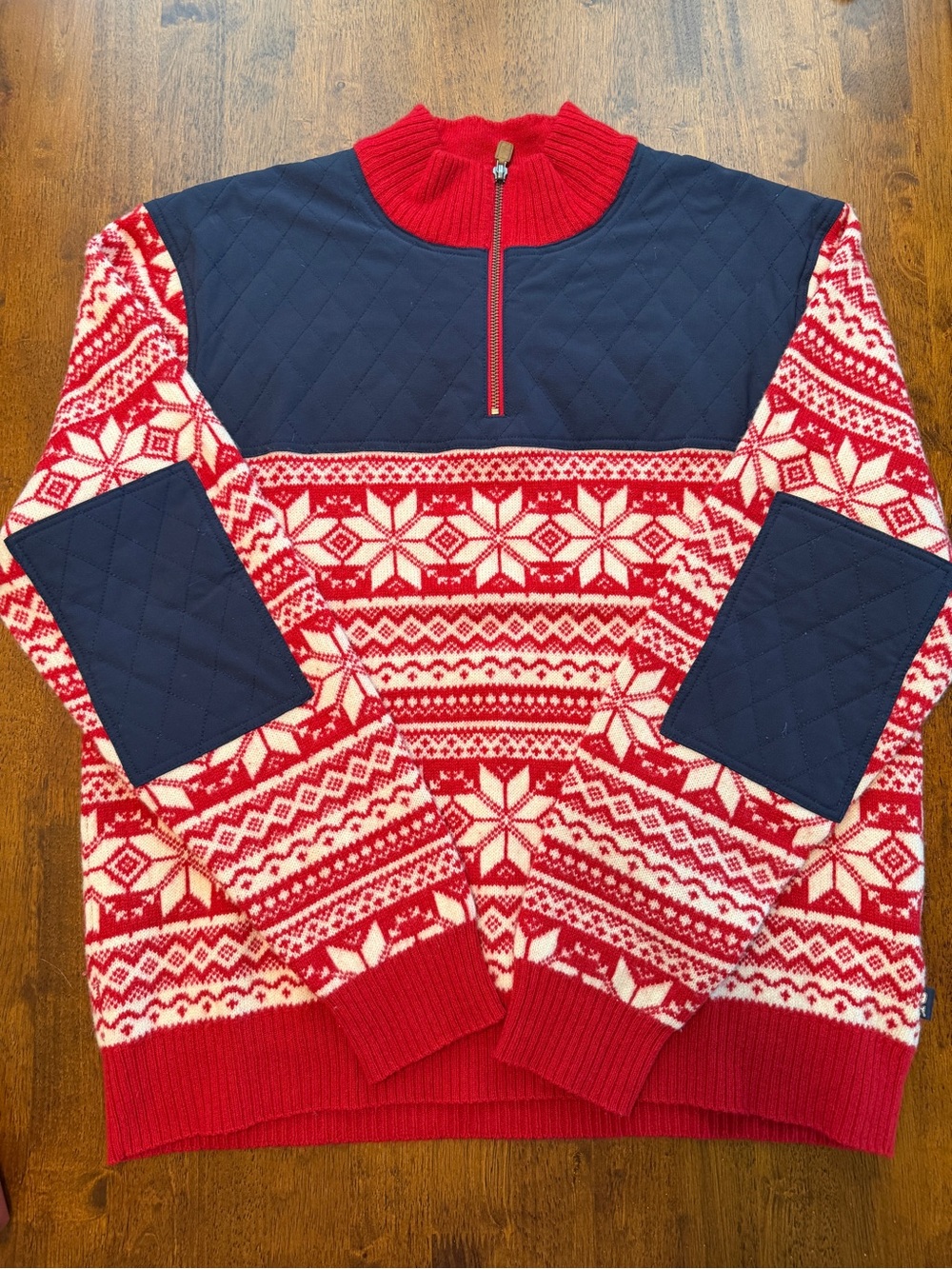 Vineyard Vines Men's Red and Navy Quarter-Zip Fair Isle Sweater